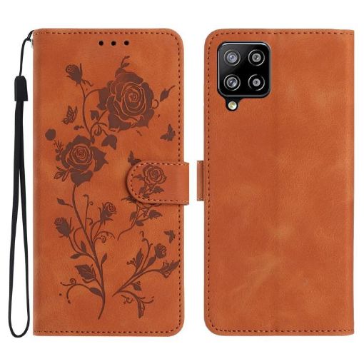 Samsung Galaxy A42 5G Brown Leather Case with Rose Flower Embossing - 1
