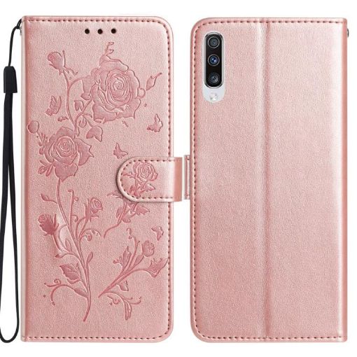 Samsung Galaxy A50 Rose Flower Embossed Leather Case - Rose Gold - 1
