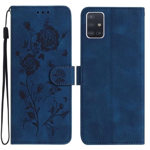 Samsung Galaxy A51 Dark Blue Rose Flower Embossed Leather Case - 1