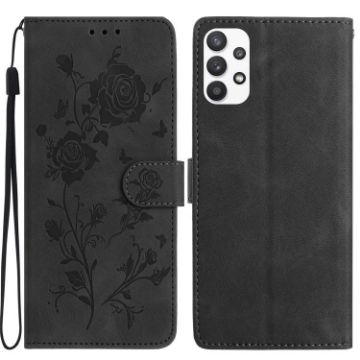 Samsung Galaxy A53 Black Leather Case with Rose Flower Embossing - 1