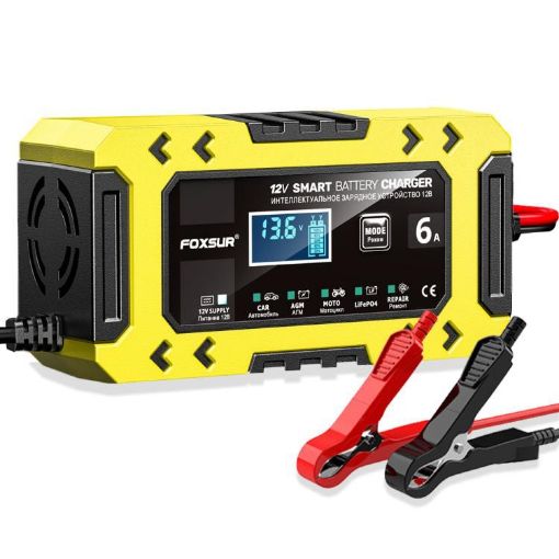 FOXSUR FBC1206F 12V 6A Car Motorcycle Battery Charger, EU Plug, Yellow - 1