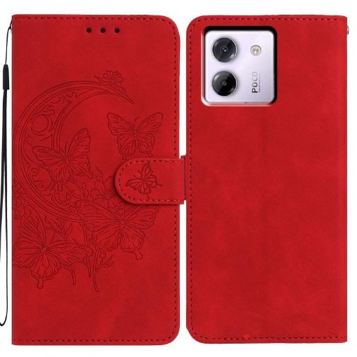 Xiaomi Poco M7 Pro 5G Red Leather Case - Moonlit Butterfly Dance Pattern - 1
