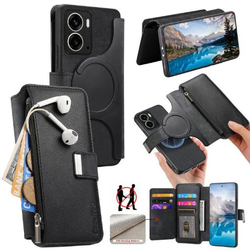 Realme 14 Case: MagSafe RFID Zipper Wallet Retro Leather (Black) - 1