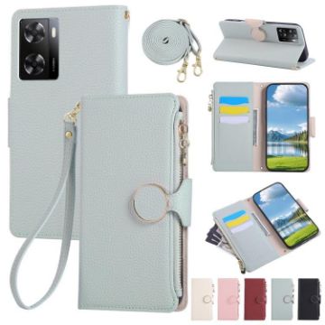 OPPO A57/A77 5G Sky Blue Leather Wallet Phone Case with Strap - 1