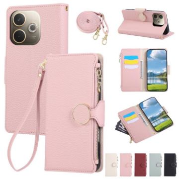 OPPO A5 Pro 5G Pink Leather Wallet Phone Case with Crossbody Strap - 1