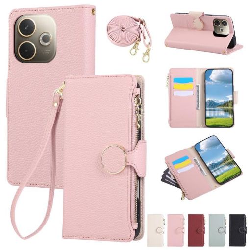 OPPO A5 Pro 5G Pink Leather Wallet Phone Case with Crossbody Strap - 1