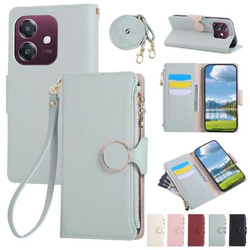 OPPO A3x/A3 5G/4G Sky Blue Leather Wallet Phone Case with Strap - 1