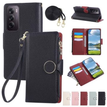 OPPO Reno12 Pro Leather Wallet Phone Case with Crossbody Strap - Black - 1