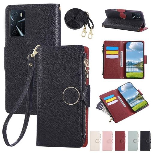OPPO A16 4G Leather Wallet Phone Case with Crossbody Strap - Black - 1