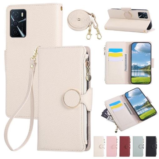 OPPO A16 4G Leather Wallet Phone Case with Crossbody Strap - White - 1