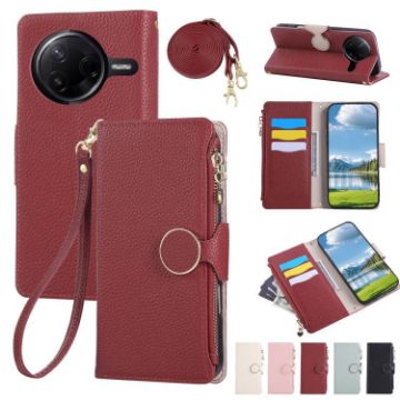 Red Leather Wallet Phone Case for Redmi K80/Poco F7 Pro with Strap - 1