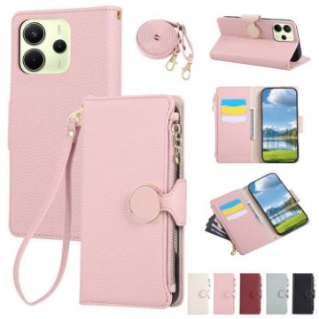 Redmi Note 14 4G Pink Leather Wallet Phone Case with Crossbody Strap - 1