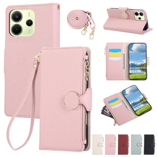 Redmi Note 14 4G Pink Leather Wallet Phone Case with Crossbody Strap - 1