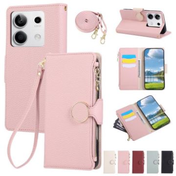 Redmi Note 13 5G Pink Leather Wallet Case with Crossbody Strap - 1