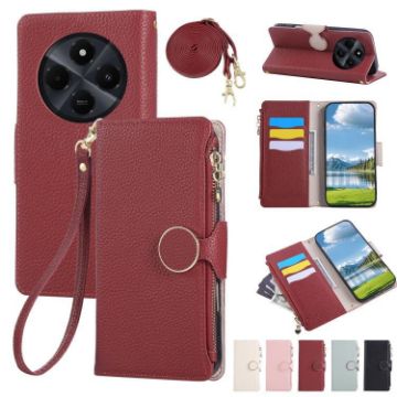 Redmi 14C 5G Leather Wallet Phone Case with Crossbody Strap - Red - 1