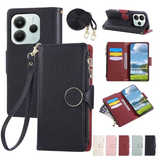 Redmi Note 14 5G Leather Wallet Case with Crossbody Strap - Black - 1