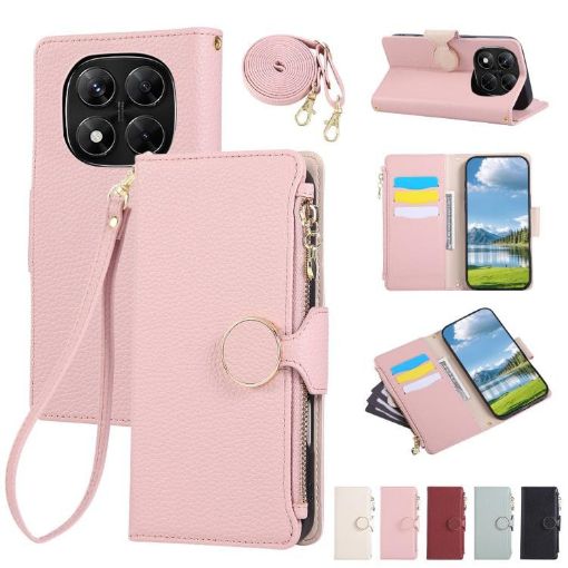 Redmi Note 14 Pro 5G Pink Leather Wallet Case with Crossbody Strap - 1