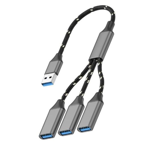 USB-A to USB-A 3 in 1 OTG Expander Splitter Dock (Braided Grey) - 1