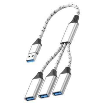USB-A to USB-A 3 in 1 OTG Expander Splitter Dock (Braided Silver) - 1