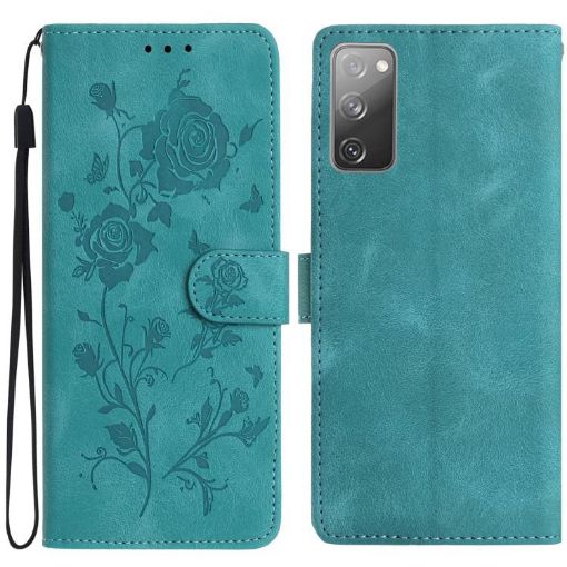 Samsung Galaxy S20 FE 5G Green Rose Embossed Leather Phone Case - 1