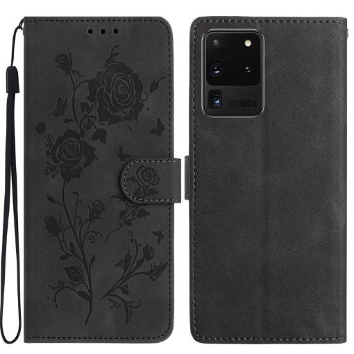 Samsung Galaxy S20 Ultra 5G Black Rose Embossed Leather Phone Case - 1