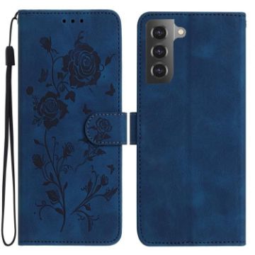 Samsung Galaxy S21 5G Dark Blue Rose Embossed Leather Phone Case - 1