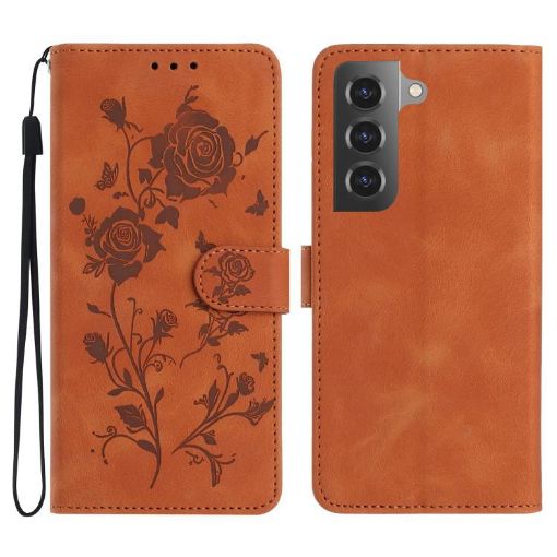 Samsung Galaxy S21+ 5G Brown Leather Case with Rose Flower Embossing - 1