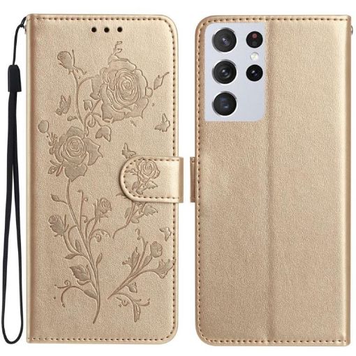 Samsung Galaxy S21 Ultra 5G Rose Flower Embossed Leather Case Gold - 1