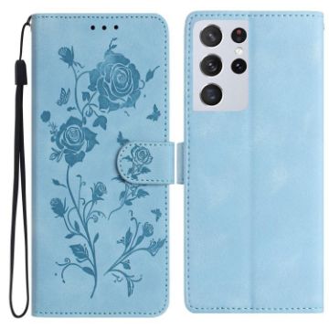 Samsung Galaxy S21 Ultra 5G Leather Case Rose Flower Embossing Sky Blue - 1