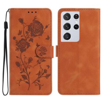 Samsung Galaxy S21 Ultra 5G Rose Flower Embossed Leather Case Brown - 1
