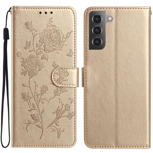 Samsung Galaxy S22+ 5G Gold Rose Flower Embossed Leather Case - 1