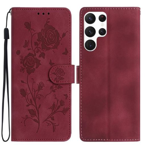 Samsung Galaxy S22 Ultra 5G Red Rose Embossed Leather Phone Case - 1