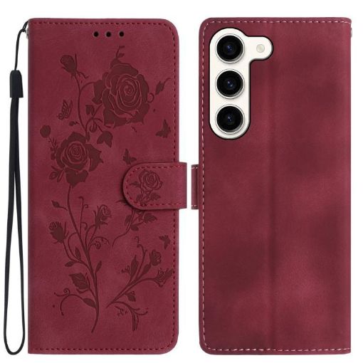 Samsung Galaxy S23 5G Red Rose Flower Embossed Leather Phone Case - 1