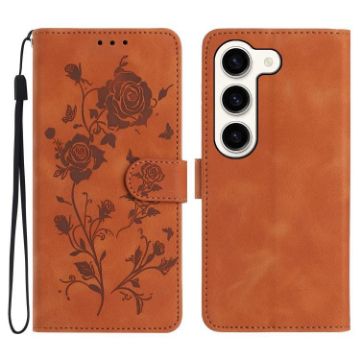 Samsung Galaxy S23+ 5G Brown Leather Case with Rose Flower Embossing - 1