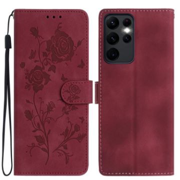 Samsung Galaxy S23 Ultra 5G Red Rose Embossed Leather Phone Case - 1