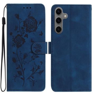 Samsung Galaxy S24 FE 5G Leather Case, Rose Embossed, Dark Blue - 1