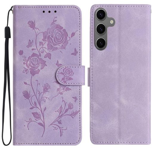 Samsung Galaxy S24 FE 5G Leather Case, Rose Flower Pattern, Light Purple - 1