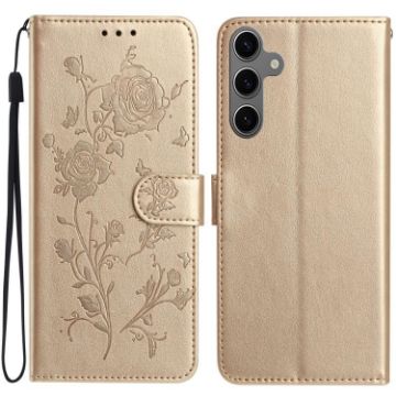 Samsung Galaxy S24+ 5G Gold Rose Flower Embossed Leather Case - 1