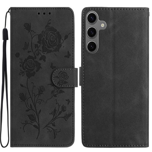 Samsung Galaxy S24+ 5G Black Leather Case with Rose Flower Embossing - 1