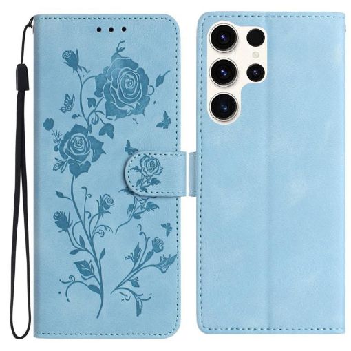 Samsung Galaxy S24 Ultra 5G Leather Case Rose Flower Emboss Sky Blue - 1