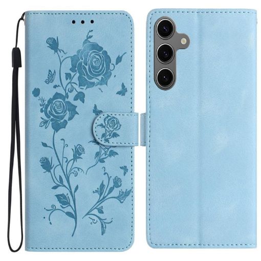 Samsung Galaxy S25 5G Sky Blue Rose Embossed Leather Phone Case - 1