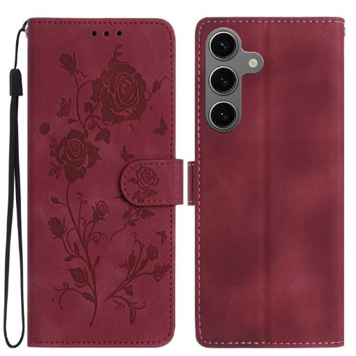 Samsung Galaxy S25 5G Red Rose Flower Embossed Leather Phone Case - 1