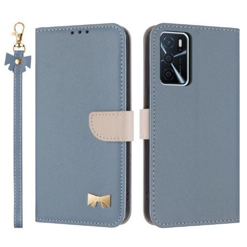 OPPO A16 Light Blue Leather Phone Case with Metal Bow & Hand Strap - 1