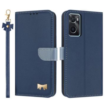 OPPO A36/A76/A96 Dark Blue Leather Phone Case with Hand Strap - 1
