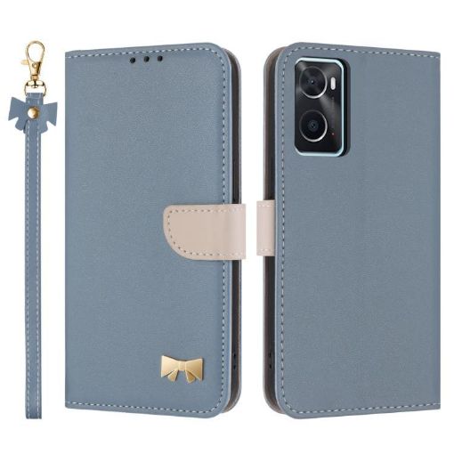 OPPO A36/A76/A96 Light Blue Leather Phone Case with Hand Strap - 1
