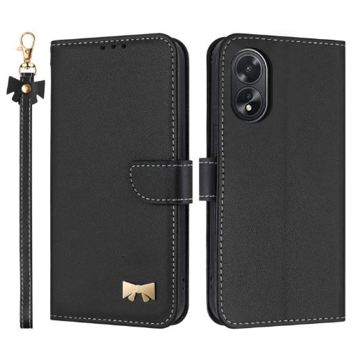 OPPO A38/A18 4G Leather Phone Case with Hand Strap - Black - 1