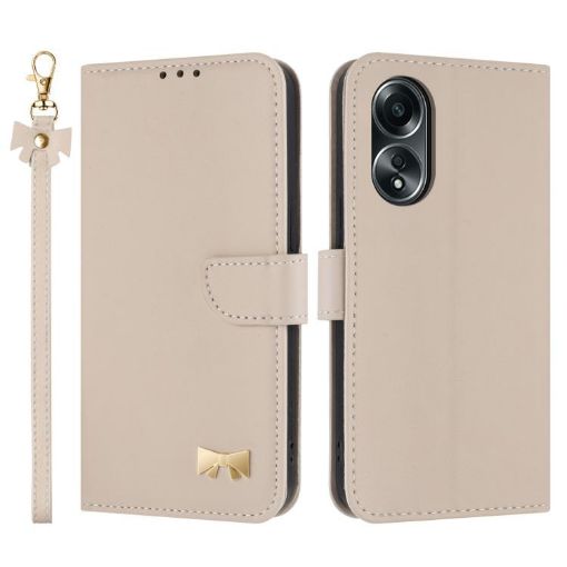 OPPO A58 4G Global Leather Phone Case with Hand Strap - Apricot - 1
