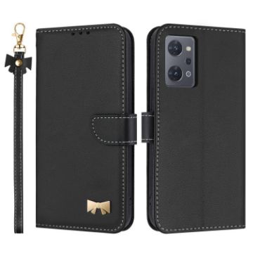 OPPO Reno7 A/Reno9 A Black Leather Phone Case with Metal Bow & Strap - 1