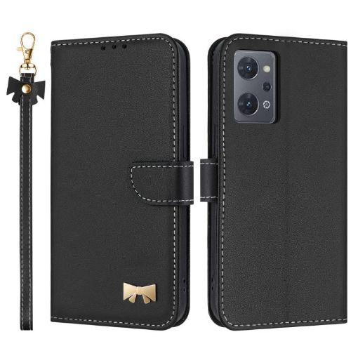 OPPO Reno7 A/Reno9 A Black Leather Phone Case with Metal Bow & Strap - 1
