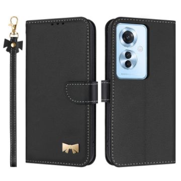OPPO Reno11 F/F21 Pro India Black Leather Phone Case with Hand Strap - 1